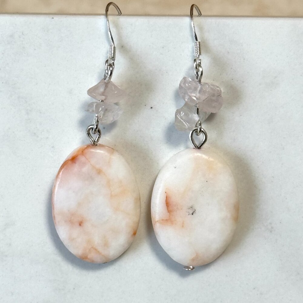 2/$20, Natural Red Vein White Marble & Rose Quartz Earrings